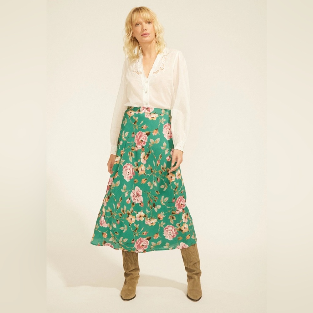 AUGUSTE Women’s Green Floral Midi Skirt size Medium